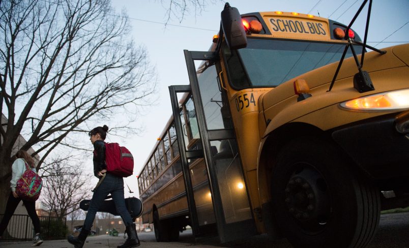 LOUISVILLE, KY - MARCH 2: Students get unloaded by bus on March, 2, 2017 at Meyzeek Middle School in Louisville, Kentucky. The Kentucky GOP-led state House passed House Bill 151 that would require Jefferson County to return to neighborhood schooling, which could undo the county's longstanding desegregation efforts. (Michael Noble, Jr. for The Washington Post)