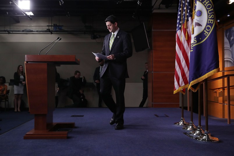 Speaker of the House Paul Ryan (R-WI) holds a news conference in the House Vistiors Center following a Republican caucus meeting in the U.S. Capitol March 24, 2017 in Washington, DC. In a big setback to the agenda of President Donald Trump and the Speaker, Ryan cancelled a vote for the American Health Care Act, the GOP plan to repeal and replace the Affordable Care Act, also called 'Obamacare.'