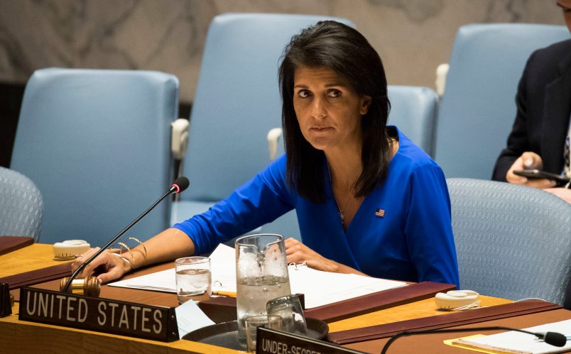 NEW YORK, NY - APRIL 5: U.S. Ambassador to the United Nations Nikki Haley chairs a meeting of the United Nations Security Council at U.N. headquarters, April 5, 2017 in New York City. The Security Council is holding emergency talks on Wednesday following the worst chemical attacks in years in Syria. (Photo by Drew Angerer/Getty Images)