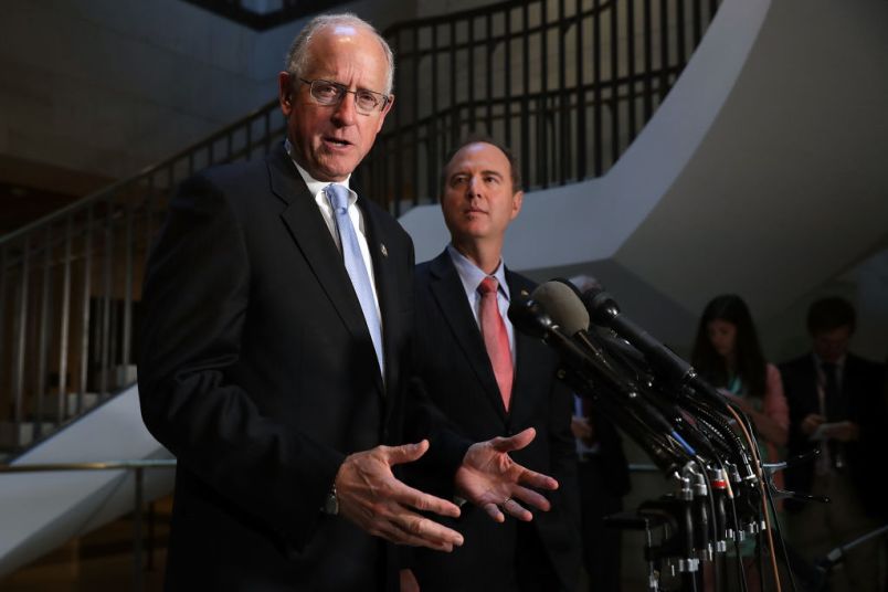 House Intelligence Committee ranking member Rep. Adam Schiff (D-CA) and Rep. Mike Conaway (R-TX), who together are leading the committee's investigation into Russian interference in the 2016 presidential election, hold a news conference at the U.S. Capitol June 6, 2017 in Washington, DC.