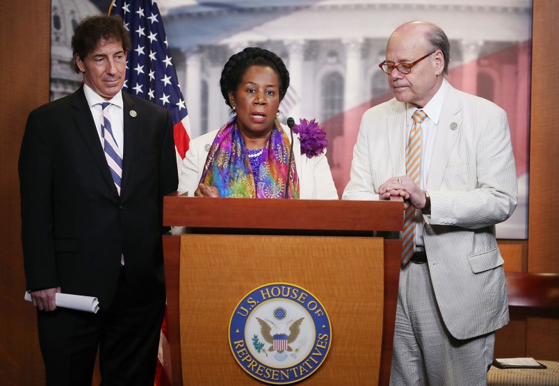 WASHINGTON, DC - JULY 27:  House Judiciary Committee ranking member Sheila Jackson Lee (D-TX) speaks while flanked by Rep. Jamie Raskin (D-MD) (L) and Rep. Steve Cohen (D-TN) during a news conference on Capitol Hill, July 27, 2017 in Washington, DC. House Judiciary committee democrats introduced the H.RES.474 Jackson Lee Lee resolution which condemns any action by the president to fire Special Counsel Robert Mueller, or abusing the presidential pardon powers.  (Photo by Mark Wilson/Getty Images)