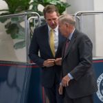 UNITED STATES - SEPTEMBER 07: Sens. Jeff Flake, R-Ariz., left, and Lindsey Graham, R-S.C., make their way to a Hurricane Harvey aid related vote in the Capitol on September 7, 2017. (Photo By Tom Williams/CQ Roll Call)