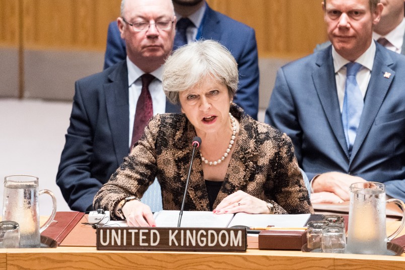 NEW YORK, NY, UNITED STATES - 2017/09/20: British Prime Minister Theresa May addressing the Security Council at the United Nations in New York City. (Photo by Michael Brochstein/SOPA Images/LightRocket via Getty Images)