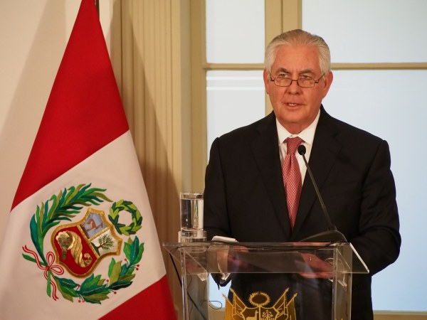 LIMA, PERU - 2018/02/05: The Secretary of State of the United States of America, Rex W. Tillerson gives a press conference in the framework of his visit to Peru as preamble to the Summit of the Americas to take place in Lima next April. (Photo by Fotoholica Press/LightRocket via Getty Images)