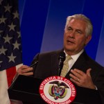 U.S. Secretary of State Rex Tillerson speaks during a joint press conference with Colombia's President Juan Manuel Santos after they met at the presidential palace in Bogota, Colombia, Tuesday, Feb. 6, 2018. More than 100 social leaders and defenders of Ddhh have been killed during this year of peace agreement. Today marks the first year of the peace agreement between the government and the FARC-EP group (Photo by Daniel Garzon Herazo/NurPhoto)