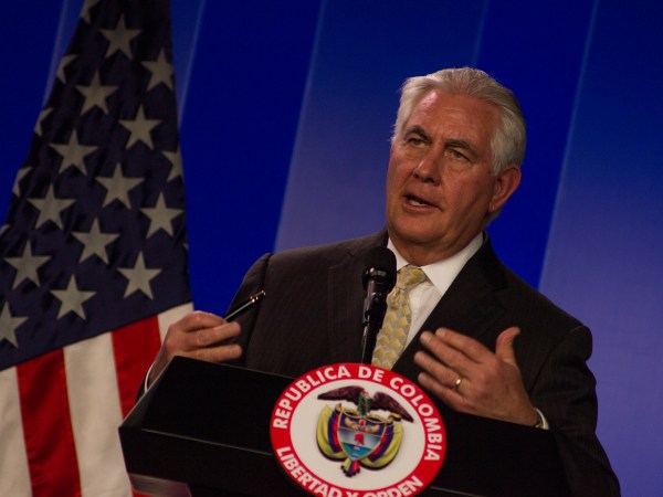 U.S. Secretary of State Rex Tillerson speaks during a joint press conference with Colombia's President Juan Manuel Santos after they met at the presidential palace in Bogota, Colombia, Tuesday, Feb. 6, 2018. More than 100 social leaders and defenders of Ddhh have been killed during this year of peace agreement. Today marks the first year of the peace agreement between the government and the FARC-EP group (Photo by Daniel Garzon Herazo/NurPhoto)