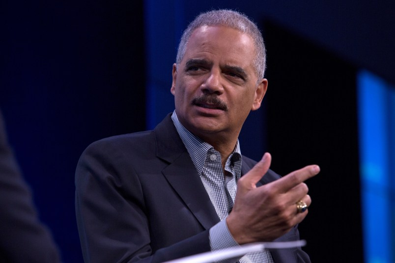 WASHINGTON, DC - FEBRUARY 27: Former U.S. Attorney General Eric Holder speaks during an interview at the Washington Post on February 27, 2018 in Washington, DC.  During an interview with Washington Post writer Jonathan Capehart, Holder discussed Special Counsel Robert Muller's investigation into alleged Russian meddling in the 2016 US presidential election, as well as his efforts to reform what he calls the "biggest rigged system in America" through a national redistricting effort. (Photo by Toya Sarno Jordan/Getty Images)