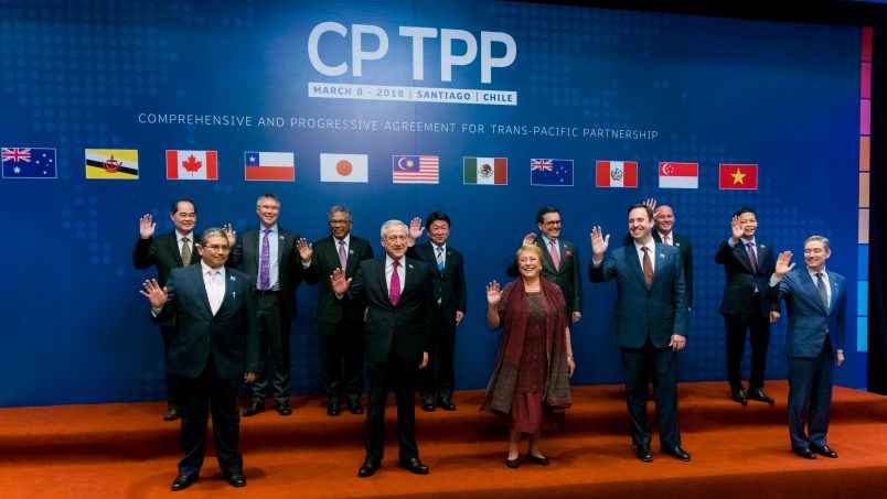 SANTIAGO, CHILE – MARCH 08: President of Chile, Michelle Bachelet (C) poses for photos with the 11 representatives that signed the Integral and Progressive Treaty of Trans-Pacific Partnership - CPTP, on March 08, 2018 in Santiago, Chile. (Photo by Sebastián Vivallo Oñate/Agencia Makro/Getty Images)