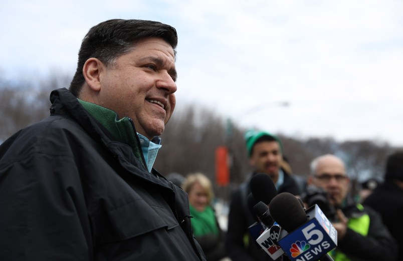 J.B. Pritzker, Democratic candidate for Illinois governor, takes questions from the press before the start of St. Patrick's Day Parade on Saturday, March 17, 2018 in Chicago, Ill. (Abel Uribe/Chicago Tribune/TNS)