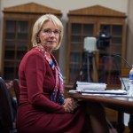 UNITED STATES - MARCH 20: Education Secretary Betsy DeVos prepares to testify at a House Appropriations Labor, Health and Human Services, Education and Related Agencies Subcommittee hearing in Rayburn Building on the department's FY2019 budget on March 20, 2018. (Photo By Tom Williams/CQ Roll Call)