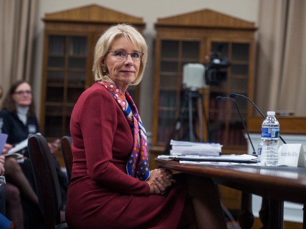 UNITED STATES - MARCH 20: Education Secretary Betsy DeVos prepares to testify at a House Appropriations Labor, Health and Human Services, Education and Related Agencies Subcommittee hearing in Rayburn Building on the department's FY2019 budget on March 20, 2018. (Photo By Tom Williams/CQ Roll Call)
