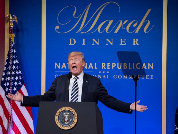 President Donald Trump delivers remarks at the National Republican Congressional Committee March Dinner at the National Building Museum on March 20, 2018 in Washington, D.C. Photo by Kevin Dietsch/UPI