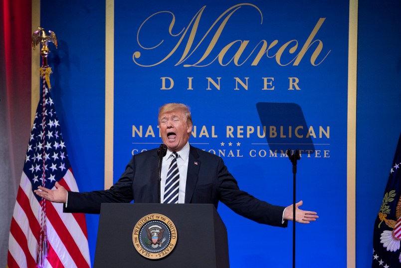 President Donald Trump delivers remarks at the National Republican Congressional Committee March Dinner at the National Building Museum on March 20, 2018 in Washington, D.C. Photo by Kevin Dietsch/UPI