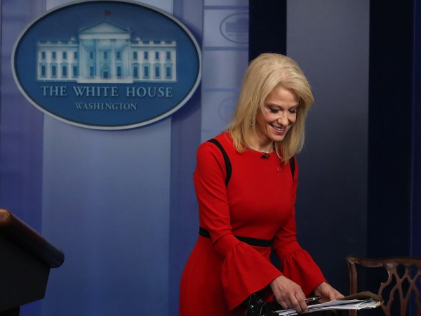 WASHINGTON, DC - MARCH 23:  White House counselor Kellyanne Conway finishes an interview with CNN, in the briefing Room at the White House on March 23, 2018 in Washington, DC.  (Photo by Mark Wilson/Getty Images)