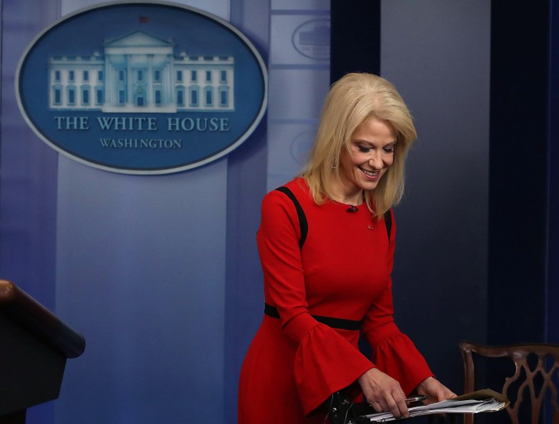 WASHINGTON, DC - MARCH 23:  White House counselor Kellyanne Conway finishes an interview with CNN, in the briefing Room at the White House on March 23, 2018 in Washington, DC.  (Photo by Mark Wilson/Getty Images)