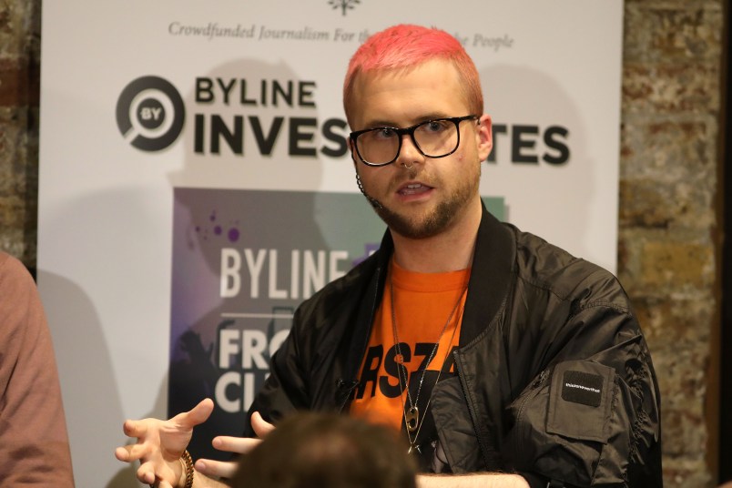 Whistleblowers speak during a press conference at the Frontline Club on March 26, 2018 in London, England. Former Vote Leave volunteer Sanni raised concerns that the official Leave campaign may have broken referendum spending rules and then tried to destroy evidence. A substantial sum was spent with AggregateIQ which has links to Cambridge Analytica. Former employee Christopher Wylie exposed how Cambridge Analytica had allegedly harvested date from millions of Facebook users to influence the outcome of the 2016 US Presidential election.