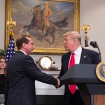 U.S. President Donald J. Trump greets  Alex Azar at his swearing-in ceremony to be Secretary of the Department of Health and Human Services at The White House in Washington, DC, January  29, 2018. Credit: Chris Kleponis / Polaris