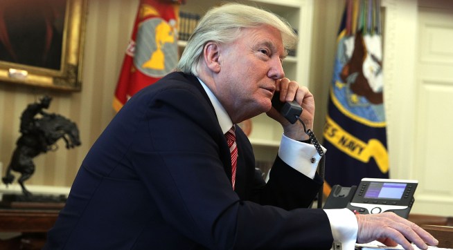 WASHINGTON, DC - JUNE 27:  U.S. President Donald Trump speaks on the phone with Irish Prime Minister Leo Varadkar on the phone in the Oval Office of the White House June 27, 2017 in Washington, DC. President Trump congratulated Prime Minister Varadkar to become the new leader of Ireland.  (Photo by Alex Wong/Getty Images)