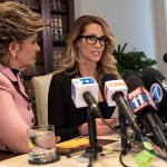 Adult film performer, Jessica Drake, who accuses Republican presidential nominee, Donald Trump, of sexual misconduct speaks to reporters alongside attorney Gloria Allred (L) during a news conference in Los Angeles, California. October 22, 2016. (Photo by Ronen Tivony/NurPhoto)