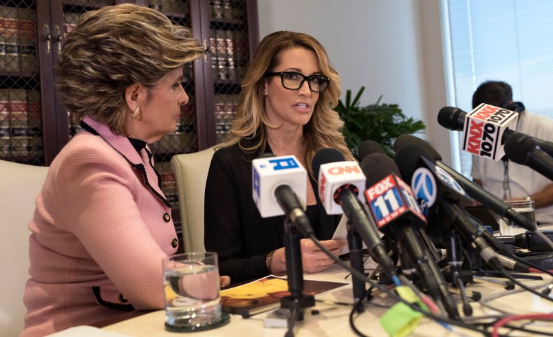 Adult film performer, Jessica Drake, who accuses Republican presidential nominee, Donald Trump, of sexual misconduct speaks to reporters alongside attorney Gloria Allred (L) during a news conference in Los Angeles, California. October 22, 2016. (Photo by Ronen Tivony/NurPhoto)