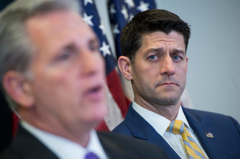 UNITED STATES - MARCH 06: Speaker of the House Paul Ryan, R-Wis., right, and House Majority Leader Kevin McCarthy, R-Calif., conduct a news conference in the Capitol after a meeting of the House Republican Conference on March 06, 2018. (Photo By Tom Williams/CQ Roll Call)