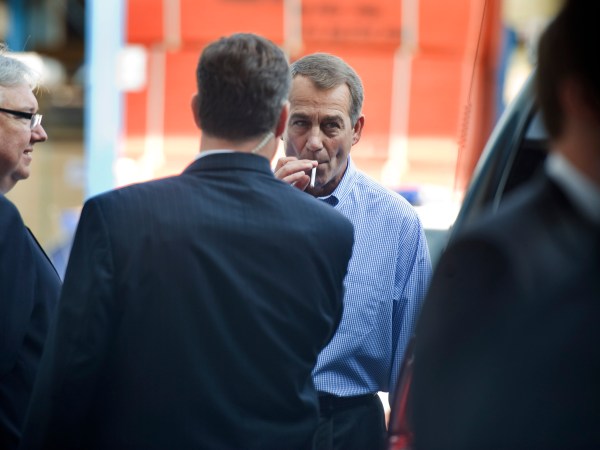 UNITED STATES - SEPTEMBER 23:  House Minority Leader John Boehner, R-Ohio, smokes a cigarette after a news conference outside of Tart Lumber Company in Sterling, Va., were they unveiled "A Pledge to America," a governing agenda devised by House Republicans for the 111th Congress.  (Photo By Tom Williams/Roll Call via Getty Images)