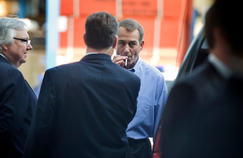 UNITED STATES - SEPTEMBER 23:  House Minority Leader John Boehner, R-Ohio, smokes a cigarette after a news conference outside of Tart Lumber Company in Sterling, Va., were they unveiled "A Pledge to America," a governing agenda devised by House Republicans for the 111th Congress.  (Photo By Tom Williams/Roll Call via Getty Images)