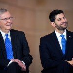 UNITED STATES - DECEMBER 03: Senate Majority Leader Mitch McConnell, R-Ky., left, and Speaker Paul D. Ryan, R-Wis., attend a bust unveiling ceremony for former Vice President Dick Cheney in the Capitol Visitor Center's Emancipation Hall, December 3, 2015. (Photo By Tom Williams/CQ Roll Call)