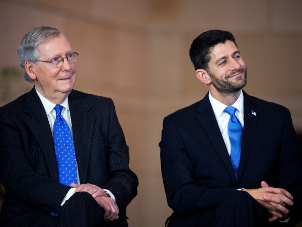 UNITED STATES - DECEMBER 03: Senate Majority Leader Mitch McConnell, R-Ky., left, and Speaker Paul D. Ryan, R-Wis., attend a bust unveiling ceremony for former Vice President Dick Cheney in the Capitol Visitor Center's Emancipation Hall, December 3, 2015. (Photo By Tom Williams/CQ Roll Call)