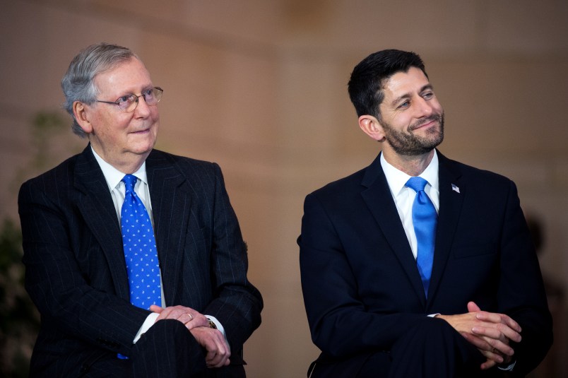 UNITED STATES - DECEMBER 03: Senate Majority Leader Mitch McConnell, R-Ky., left, and Speaker Paul D. Ryan, R-Wis., attend a bust unveiling ceremony for former Vice President Dick Cheney in the Capitol Visitor Center's Emancipation Hall, December 3, 2015. (Photo By Tom Williams/CQ Roll Call)
