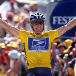 LE GRAND BORNAND, FRANCE - JULY 22:  Lance Armstrong of the USA and riding for US Postal Service presented by Berry Floor celebrates as he wins stage 17 of the Tour de France on July 22, 2004 from Bourg d'Oisans to le Grand Bornand, France. (Photo by Doug Pensinger/Getty Images) *** Local Caption *** Lance Armstrong