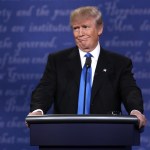 during the Presidential Debate at Hofstra University on September 26, 2016 in Hempstead, New York.  The first of four debates for the 2016 Election, three Presidential and one Vice Presidential, is moderated by NBC's Lester Holt.