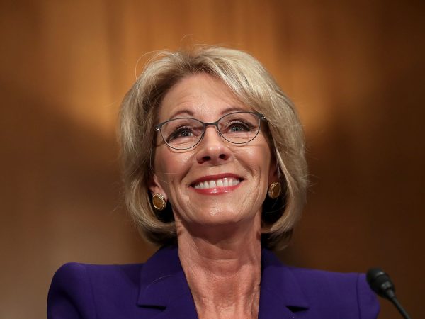 Betsy DeVos, President-elect Donald Trump's pick to be the next Secretary of Education, testifies during her confirmation hearing before the Senate Health, Education, Labor and Pensions Committee in the Dirksen Senate Office Building on Capitol Hill  January 17, 2017 in Washington, DC. DeVos is known for her advocacy of school choice and education voucher programs and is a long-time leader of the Republican Party in Michigan.