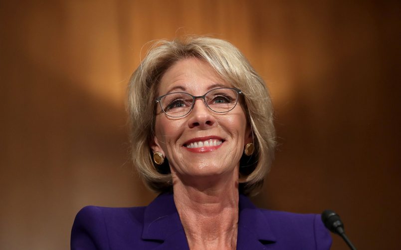 Betsy DeVos, President-elect Donald Trump's pick to be the next Secretary of Education, testifies during her confirmation hearing before the Senate Health, Education, Labor and Pensions Committee in the Dirksen Senate Office Building on Capitol Hill  January 17, 2017 in Washington, DC. DeVos is known for her advocacy of school choice and education voucher programs and is a long-time leader of the Republican Party in Michigan.