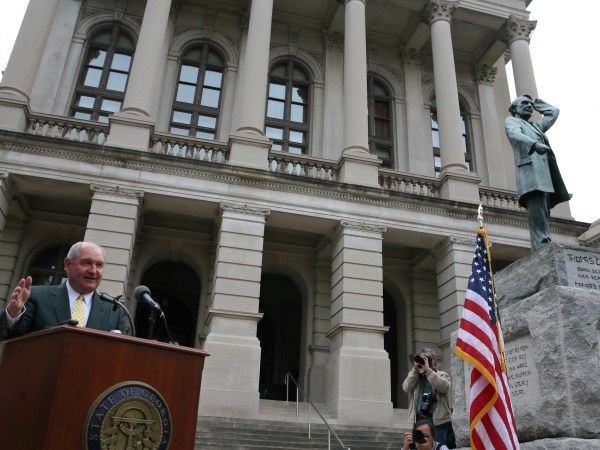 ATLANTA - NOVEMBER 13:  In the midst of a severe drought, Georgia Governor Sonny Perdue leads prayer service for rain on the steps of the Georgia State Capitol in Atlanta, Ga., on November 13, 2007.  Georgia citizens, politicians and religious leaders were invited to the public prayer service to pray for relief to Georgia's drought.  (Photo by Jessica McGowan/Getty Images)
