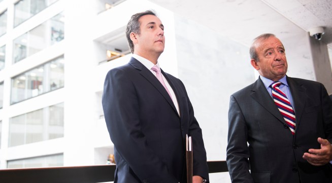 UNITED STATES - SEPTEMBER 19: Michael Cohen, left, a personal attorney for President Trump, and his lawyer Stephen Ryan, address the media in Hart Building after the Senate Intelligence Committee meeting to discuss Russian interference in the 2016 election was postponed on September 19, 2017. (Photo By Tom Williams/CQ Roll Call)