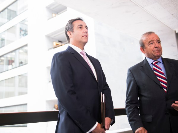 UNITED STATES - SEPTEMBER 19: Michael Cohen, left, a personal attorney for President Trump, and his lawyer Stephen Ryan, address the media in Hart Building after the Senate Intelligence Committee meeting to discuss Russian interference in the 2016 election was postponed on September 19, 2017. (Photo By Tom Williams/CQ Roll Call)