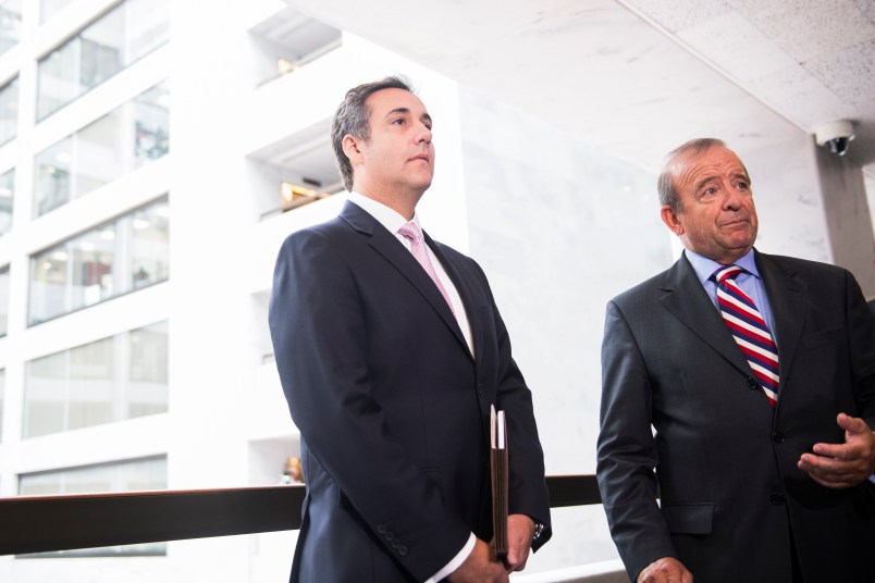 UNITED STATES - SEPTEMBER 19: Michael Cohen, left, a personal attorney for President Trump, and his lawyer Stephen Ryan, address the media in Hart Building after the Senate Intelligence Committee meeting to discuss Russian interference in the 2016 election was postponed on September 19, 2017. (Photo By Tom Williams/CQ Roll Call)