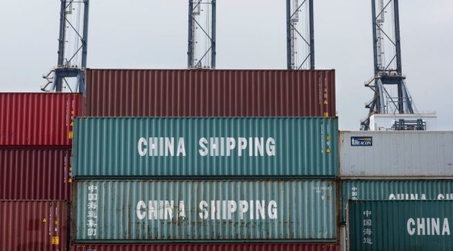 TSING YI ISLAND, CONTAINER TERMINAL, HONG KONG, NEW TERRITORIES - 2018/03/30: China Shipping containers seen at the Container terminal in Hong Kong.The Hong Kong Container Terminals is the sixth busiest container port in the world. It handled over 20 million TEUs in 2017. (Photo by Miguel Candela/SOPA Images/LightRocket via Getty Images)