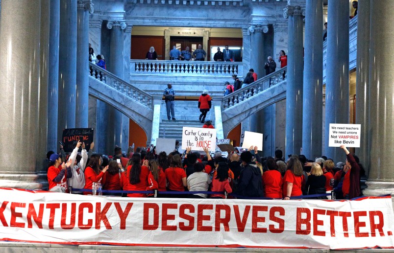 FRANKFORT, KY-APRIL 2: Public school teachers and their supporters protest against a pension reform bill outside the senate chambers at the Kentucky State Capital April 2, 2018 in Frankfort, Kentucky. The teachers are calling for higher wages and are demanding that Kentucky Gov. Matt Bevin veto a bill that overhauls their pension plan. (Bill Pugliano/Getty Images)