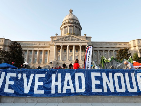 FRANKFORT, KY-APRIL 13: Kentucky Public school teachers rally for a "day of action" at the Kentucky State Capitol to try to pressure legislators to override Kentucky Governor Matt Bevin's recent veto of the state's tax and budget bills April 13, 2018 in Frankfort, Kentucky. The teachers also oppose a controversial pension reform bill which Gov. Bevin signed into law. (Bill Pugliano/Getty Images)