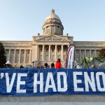 FRANKFORT, KY-APRIL 13: Kentucky Public school teachers rally for a "day of action" at the Kentucky State Capitol to try to pressure legislators to override Kentucky Governor Matt Bevin's recent veto of the state's tax and budget bills April 13, 2018 in Frankfort, Kentucky. The teachers also oppose a controversial pension reform bill which Gov. Bevin signed into law. (Bill Pugliano/Getty Images)