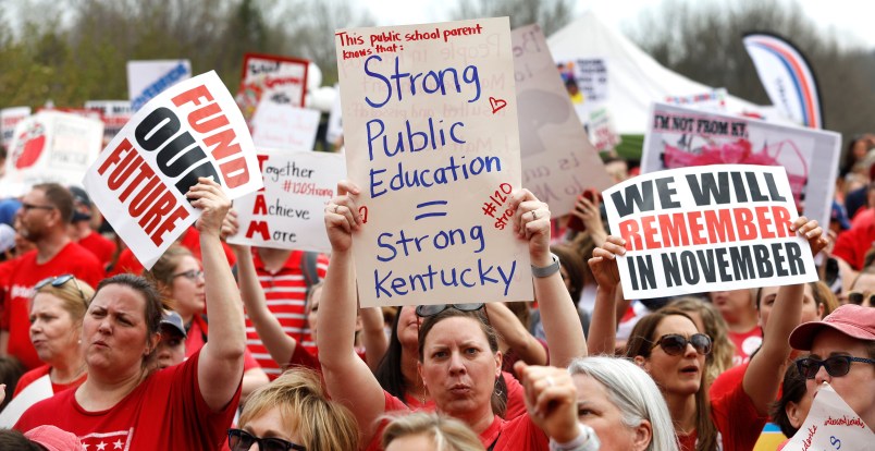 FRANKFORT, KY-APRIL 13: Kentucky Public school teachers rally for a "day of action" at the Kentucky State Capitol to try to pressure legislators to override Kentucky Governor Matt Bevin's recent veto of the state's tax and budget bills April 13, 2018 in Frankfort, Kentucky. The teachers also oppose a controversial pension reform bill which Gov. Bevin signed into law. (Photo by Bill Pugliano/Getty Images)