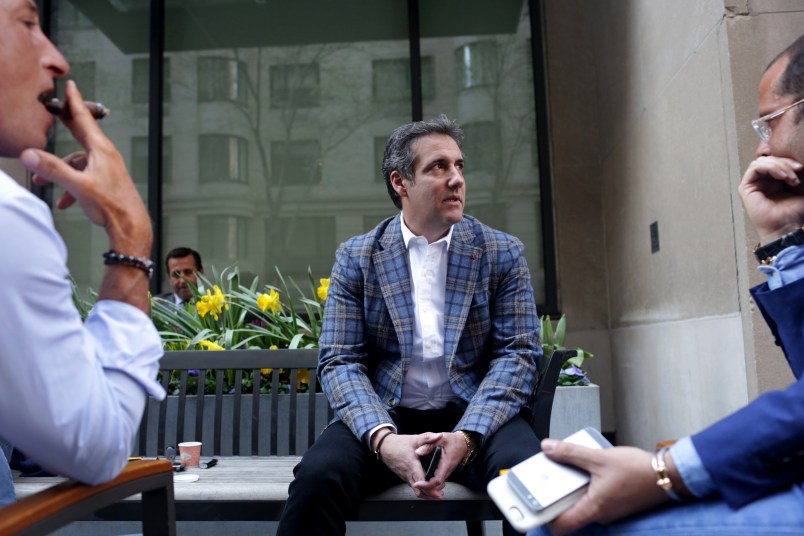 NEW YORK, NY - APRIL 13: Michael Cohen, President Donald Trump's attorney, chats with friends near the Loews Regency hotel on Park Ave on April 13, 2018 in New York City. Following FBI raids on his home, office and hotel room, the Department of Justice announced that they are placing him under criminal investigation. (Photo by Yana Paskova/Getty Images)