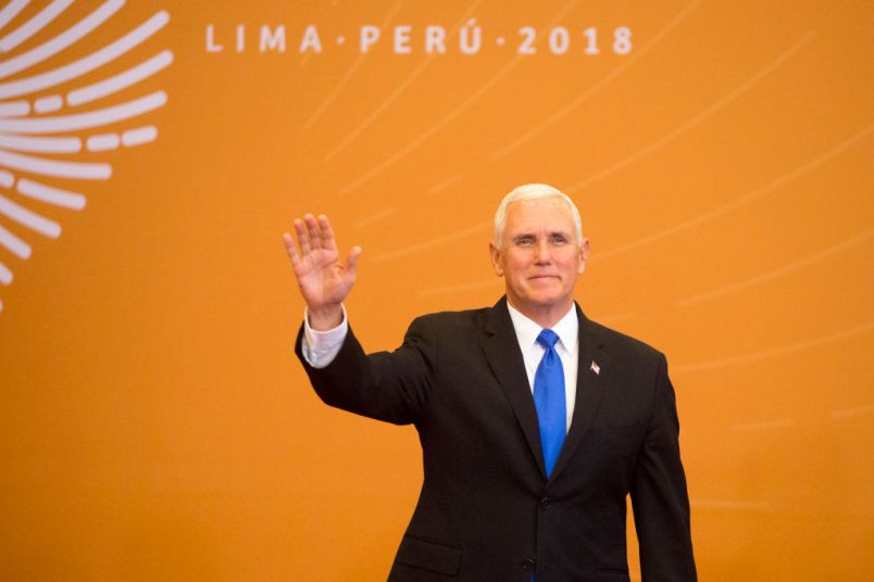 LIMA, PERU - APRIL 14:Vice President of USA, Mike Pence  during Day 2 of the VIII Summit of The Americas on April 14, 2018 in Lima, Peru. (Photo by Manuel Medir/Getty Images)
