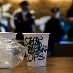 Protesters gather on April 16, 2018 for ongoing protest at the Starbucks location in Center City Philadelphia, PA where days earlier two black men were arrested. Starbucks CEO Kevin Johnson apologized publicly after the arrest prompted controversy after video of the incident became viral. (Photo by Bastiaan Slabbers/NurPhoto)