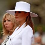 WASHINGTON, DC - APRIL 24:  U.S. first lady Melania Trump and Brigitte Macron take part in a state arrival ceremony at the White House April 24, 2018 in Washington, DC. French President Emmanuel Macron and U.S. President Donald Trump are scheduled to meet throughout the day to discuss a range of bilateral issues as Trump holds his first official state visit with the French president.  (Photo by Chip Somodevilla/Getty Images)