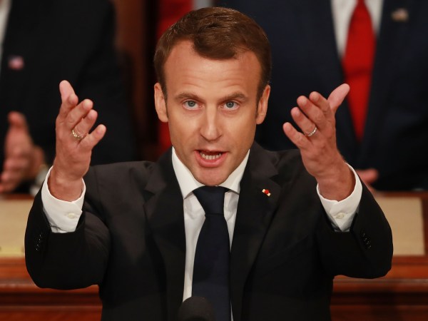 French President Emmanuel Macron addresses a joint meeting of the U.S. Congress in the House Chamber at the U.S. Capitol April 25, 2018 in Washington, DC. Macron is taking part in an official three-day visit to the United States.