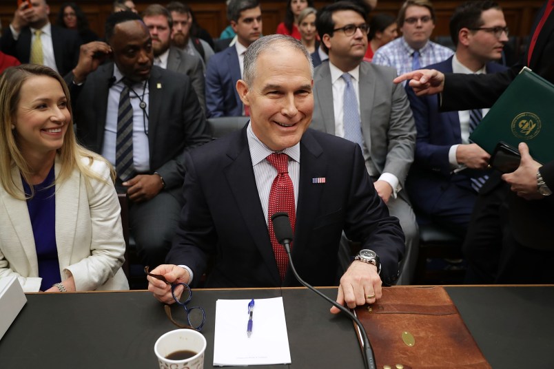Environmental Protection Agency Administrator Scott Pruitt testifies before the House Energy and Commerce Committee's Environment Subcommittee in the Rayburn House Office Building on Capitol Hill April 26, 2018 in Washington, DC. The focus of nearly a dozen federal inquiries into his travel expenses, security practices and other issues, Pruitt testified about his agency's FY2019 budget proposal.
