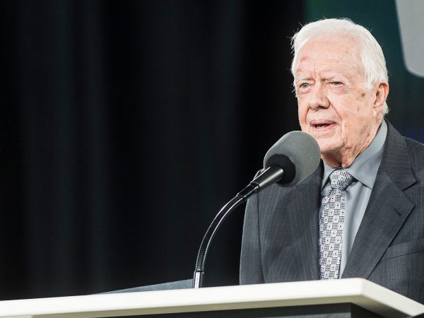 Former President Jimmy Carter speaks at the 45th Liberty University Commencement at Williams Stadium on Saturday May 19, 2018, in Lynchburg, Va. Photo by Lathan Goumas.